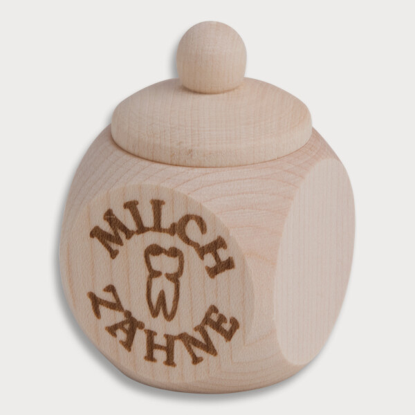 Holzdose, mit Schraubverschluss, Aufdruck Milchz&auml;hne, brauner Tampondruck aus Holz 4 cm