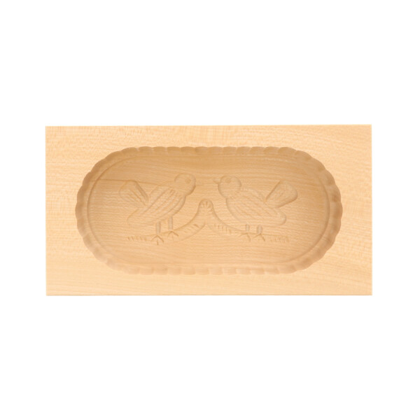 Butterform, eckig, 250 Gramm, 2 V&ouml;gel aus Holz 19 cm