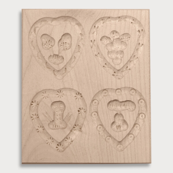 Anisgeb&auml;ckform, geh&auml;mmert, Herzform, 4 Bilder, diverse Motive aus Holz 12 cm