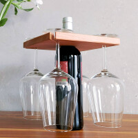 HOFMEISTER® Weinglashalter aus Holz mit Flaschen-Halterung für 4 Gläser und eine Weinflasche, Flaschenhalter aus geöltem Buchenholz, Weinbutler, Weinständer. 20x20 cm