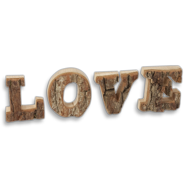 Deko Schrift Buchstaben &quot;LOVE&quot; mit Rinde aus Holz 27 cm